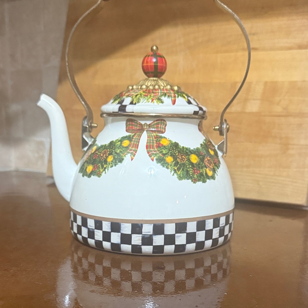Mackenzie Childs Holiday Teapot with Plaid and Gold Accents
